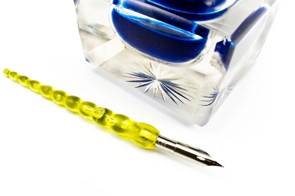Old pen and crystal inkwell — Stock Photo, Image
