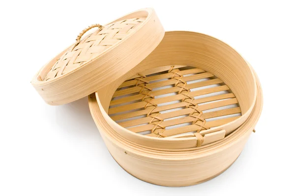 Bamboo basket steamer with open lid — Stock Photo, Image