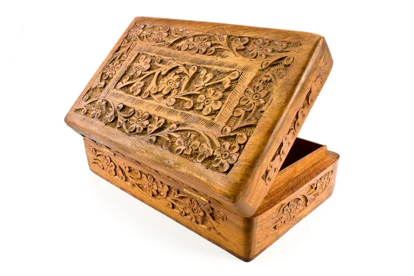 Ataúd de madera abierto con tapa tallada de la India Imagen de archivo