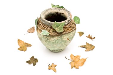 Old rustic clay pot with leaves clipart