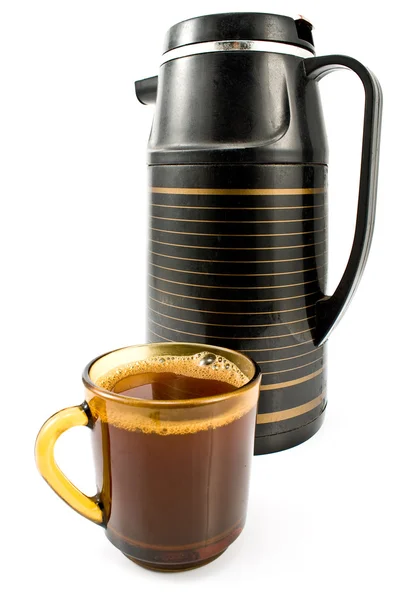 Xícara de café com garrafa térmica preta — Fotografia de Stock