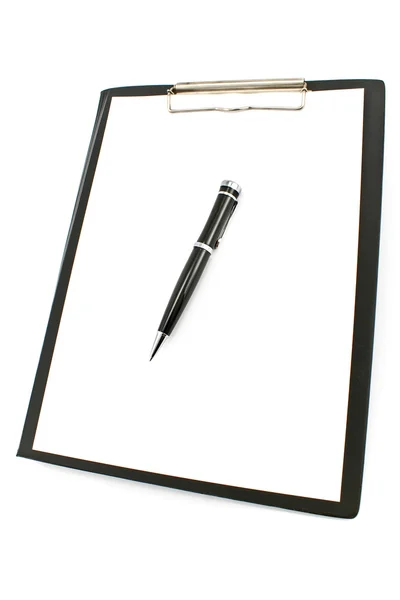 Black clipboard with pen and paper — Stock Photo, Image