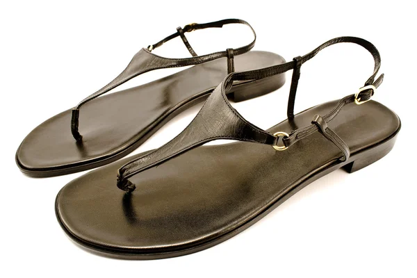 Svart läder kvinnors sandal sko — Stockfoto