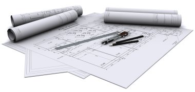 Compass, ruler and pencil on architectural drawings
