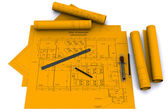 iránytű, vonalzó és ceruza narancssárga építészeti rajzok