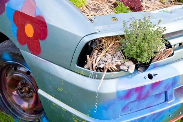 Rozbity samochód z roślin — Zdjęcie stockowe