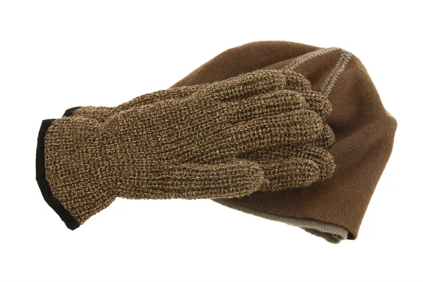 Gorra de lana marrón y un par de guantes — Foto de Stock