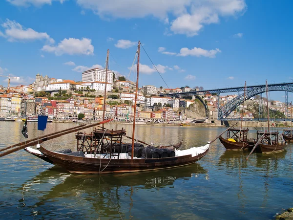 stock image Old Porto and traditional boats with wine barrels