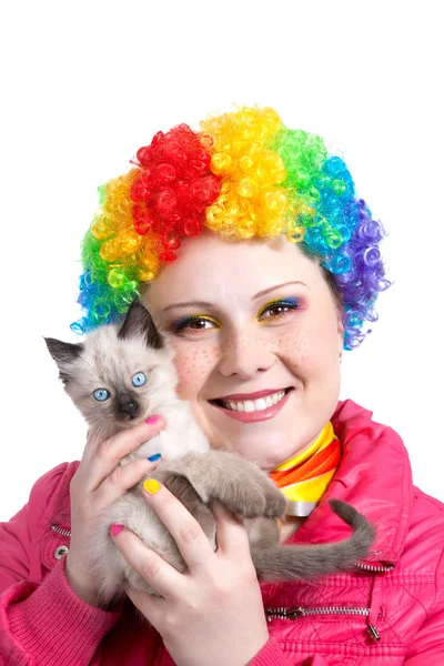 Kitten and clown with rainbow make up — Stock Photo, Image