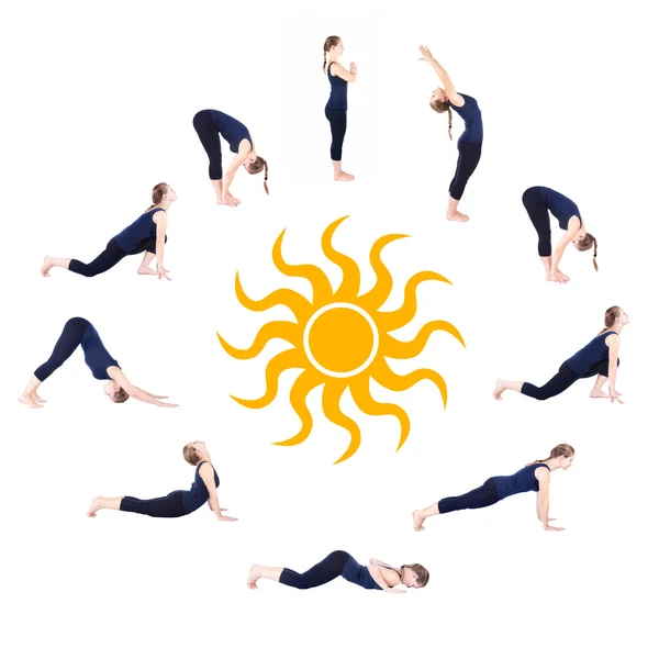 Шаги Yoga surya namaskar sun salutation — стоковое фото