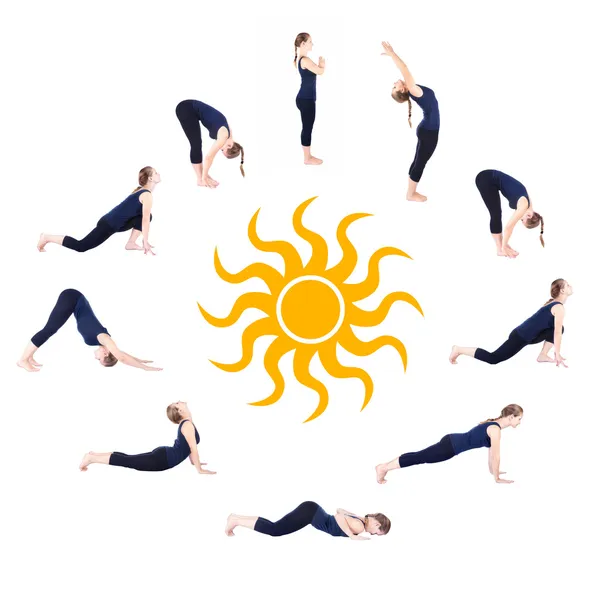 Étapes de Yoga surya namaskar salutation au soleil Photo De Stock