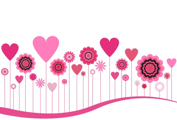 Ανθισμένα λουλούδια και καρδιές σε ροζ χρώμα — Διανυσματικό Αρχείο