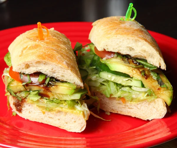 Deux sandwichs sur une assiette rouge — Photo