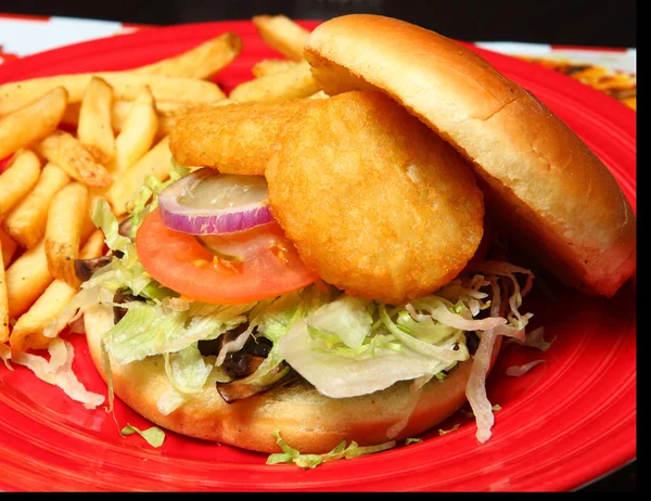 Sanduíche com batatas fritas em uma placa vermelha — Fotografia de Stock
