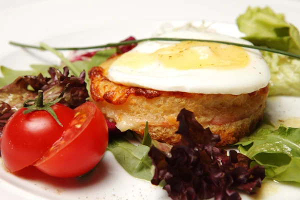 Sanduíche em uma placa com ovo e tomate — Fotografia de Stock
