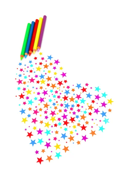 Estrelas coloridas e lápis recebe um coração — Fotografia de Stock