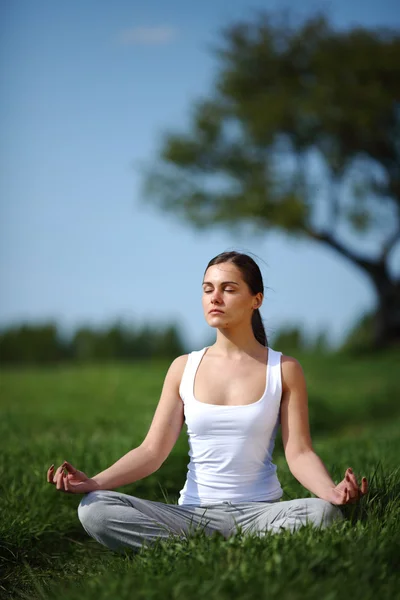Güzel genç kız eğitim yoga güneşli çayır üzerinde — Stok fotoğraf