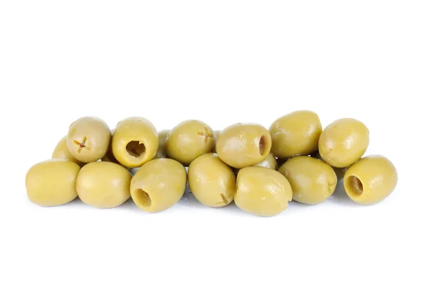 Some green pitted olives isolated on the white background — Stock Photo, Image