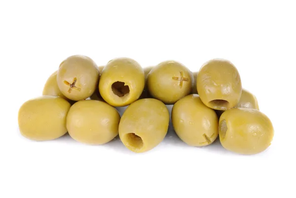 Some green pitted olives isolated on the white background — Stock Photo, Image