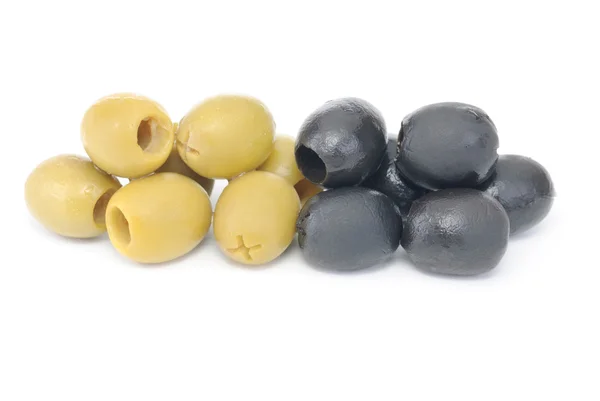 Some pitted black and green olives isolated on the white background — Stock Photo, Image