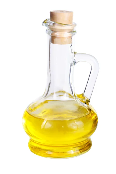 Decanter piccolo con olio d'oliva isolato su fondo bianco — Foto Stock