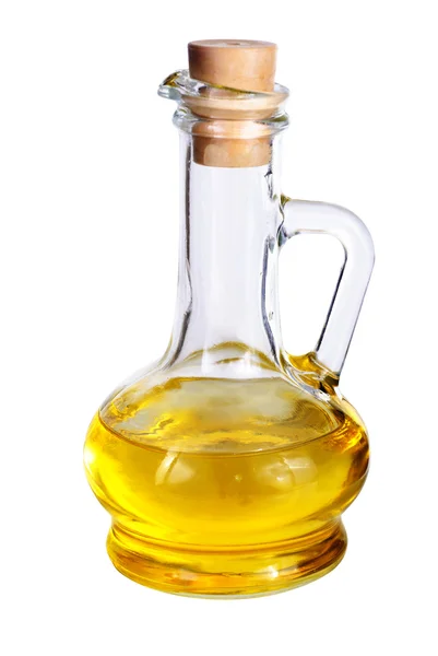 Pequeno decantador com azeite isolado no fundo branco — Fotografia de Stock