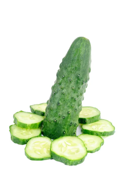 Cucumber solar clock. Cucumber and slices isolated over white background. — Stock Photo, Image