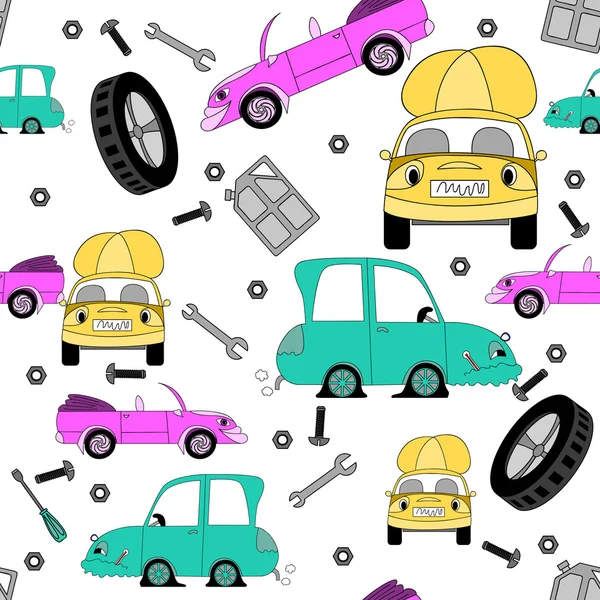 Seamless pattern with cars and tools — Stock Vector