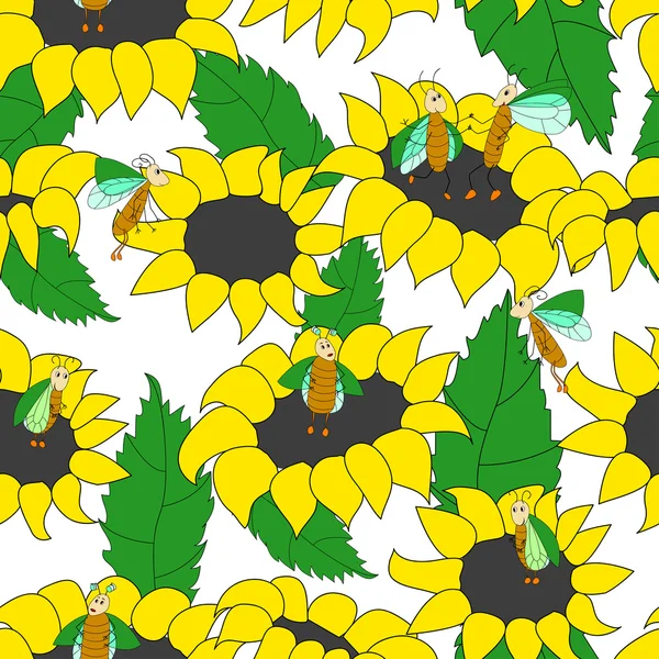 Nahtloses Muster mit lustigen Käfern und Sonnenblumen — Stockvektor
