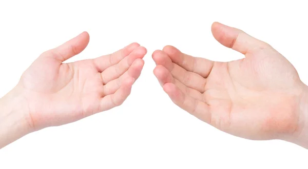 Kvinna och mannens hand till sista till varandra handflatorna uppåt — Stockfoto