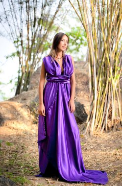 Beautiful woman wearing a long purple dress clipart