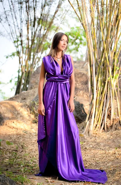 Szép nő visel egy hosszú lila ruha — Stock Fotó