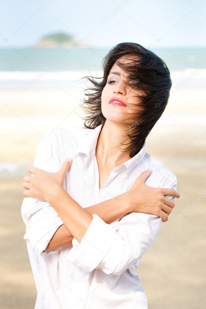 Sexy woman dressed in a man's shirt. Close Up Portrait