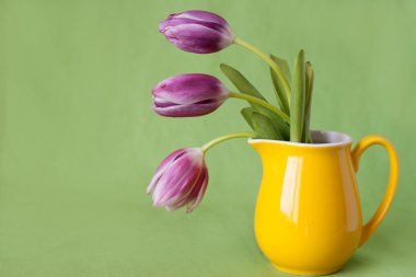 narin buket sarı bir sürahi içinde mor laleler