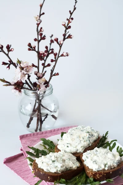 黑麦面包、 芝麻菜和花束绽放樱桃分支的奶酪小吃 — 图库照片