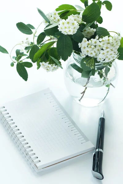Quaderno per appunti e un ramo con fiori bianchi — Foto Stock