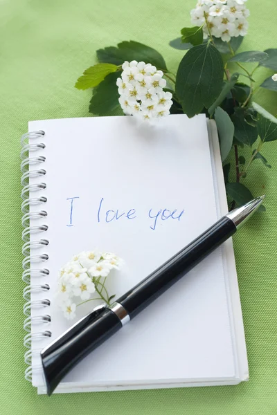 Cuaderno para notas y una rama con flores blancas — Foto de Stock