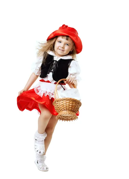 Mädchen im Rotkäppchen-Kostüm laufen — Stockfoto