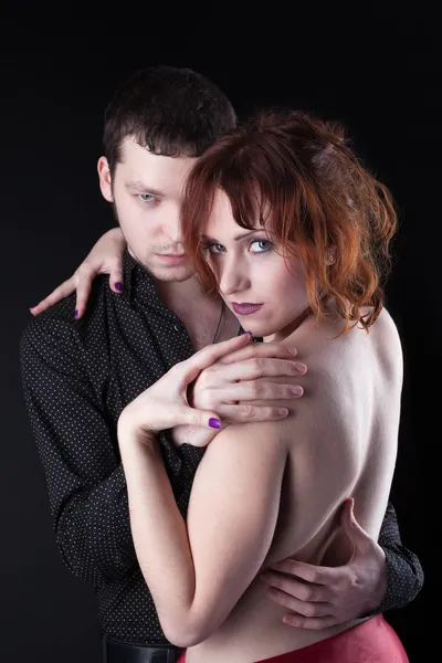 Man and red naked woman - lovers portrait — Stock Photo, Image