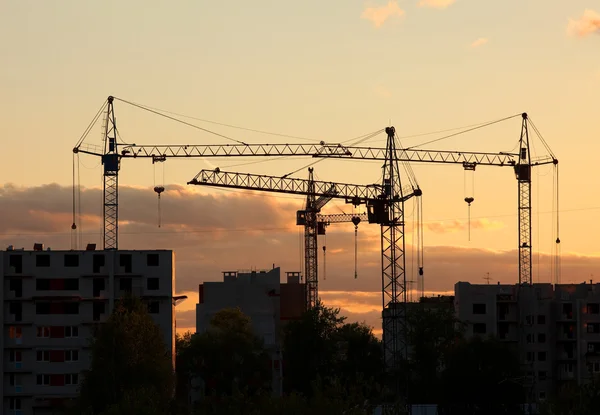 Cranes on construction site house at sunset — Stock Photo, Image