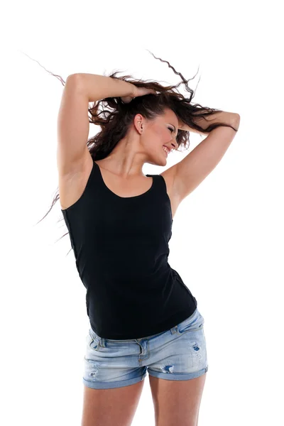 Mulher dança com cabelo encaracolado — Fotografia de Stock