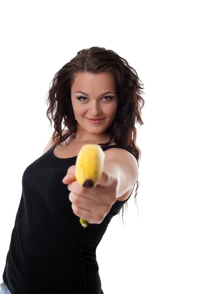 バナナの銃を持つ若い女性撮影 — ストック写真