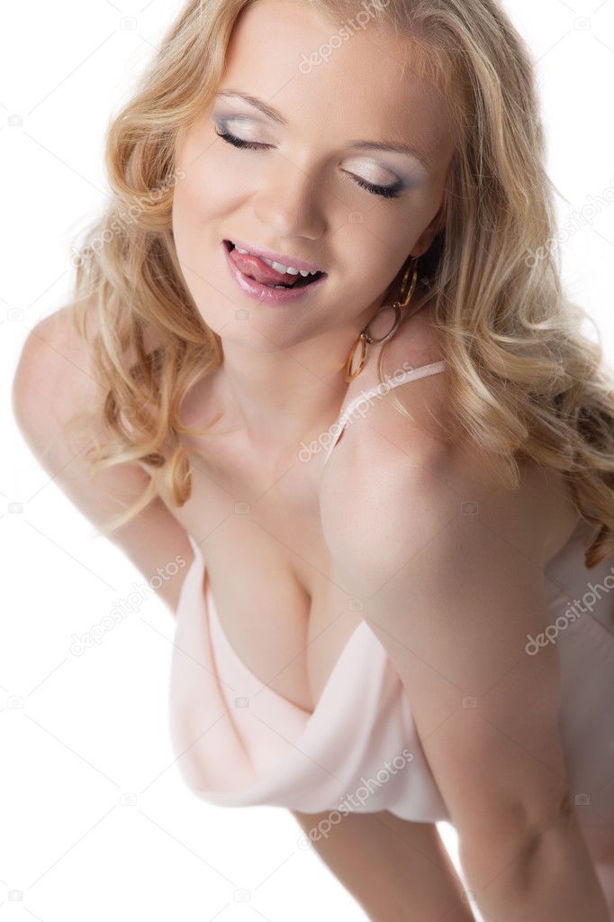 Pretty woman portrait with sexy tongue