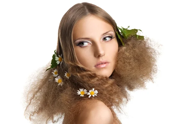 Beauty girl with leaves and camomile in hair — Stock Photo, Image