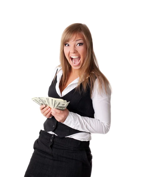 Привлекательная молодая деловая женщина довольна деньгами — стоковое фото