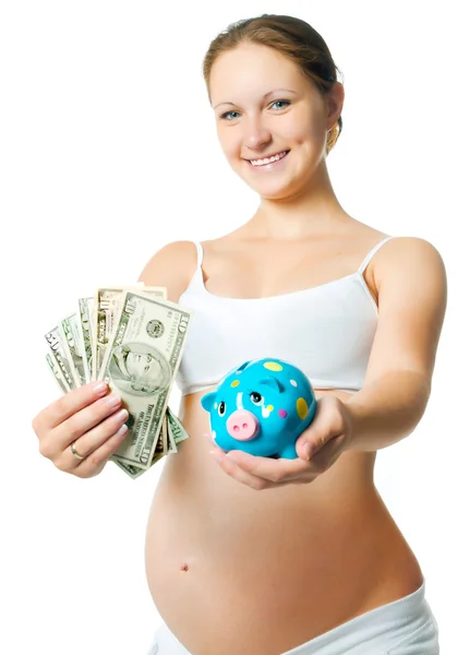 Pregnant woman with a piggy bank — Stock Photo, Image
