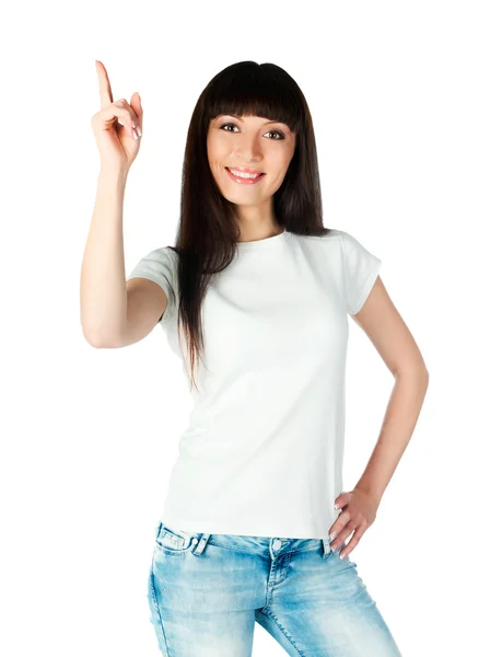 Woman showing on white — Stock Photo, Image