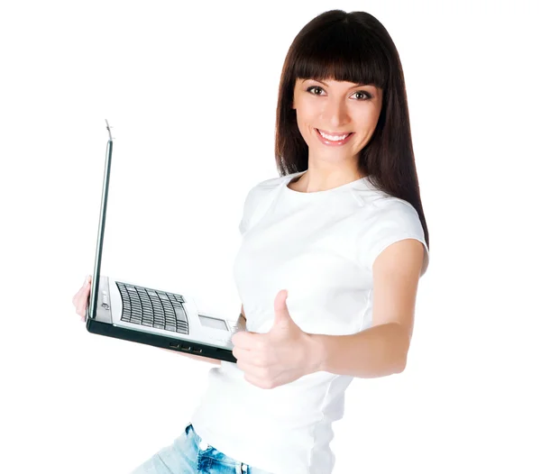 Jeune femme travaillant avec ordinateur portable — Photo