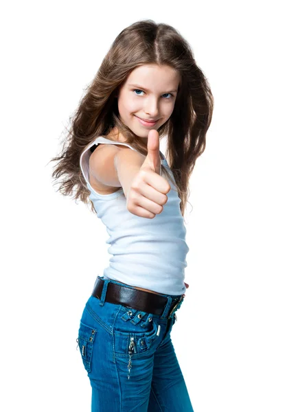 Симпатичная девочка с поднятыми пальцами — стоковое фото