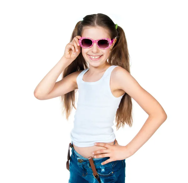 Roztomilá dívka s růžové brýle — Stock fotografie